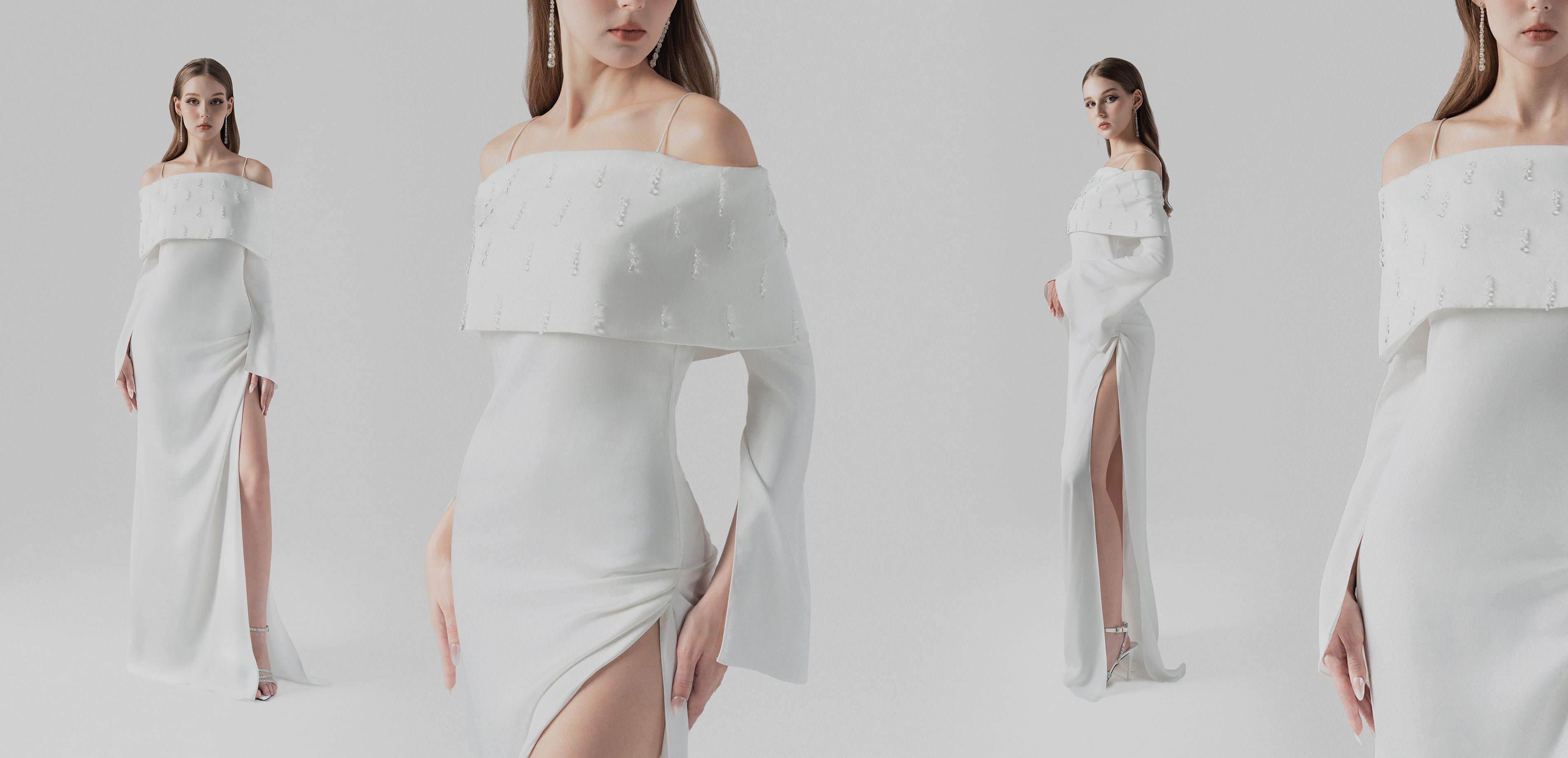 The white silk maxi dress , crafted with off-shoulder design, crystal embellishments, and a high side slit.
