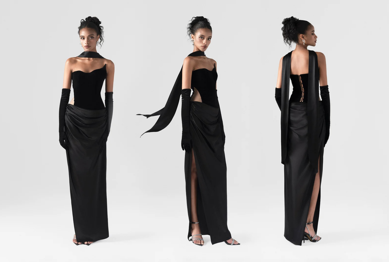 The black maxi dress, featured a matching silk scarf and gloves.