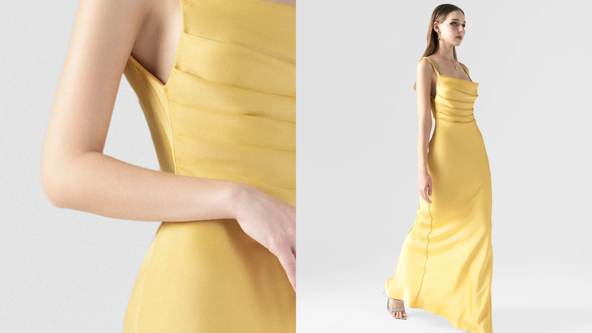 The gold yellow maxi dress, featured cowl neckline with pleats, a side slit and back cutouts.