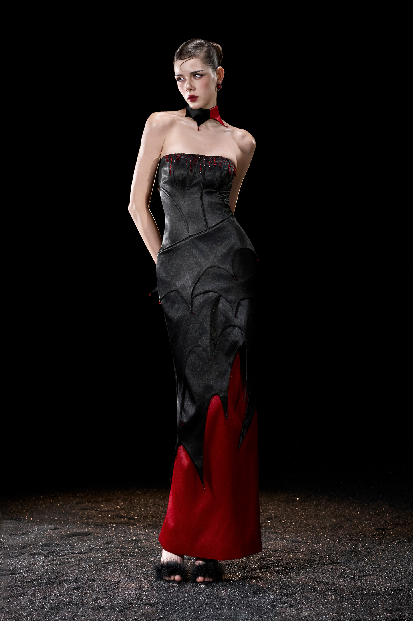 Vintage-demon Bandeau Back Slit Maxi Dress With Flame
