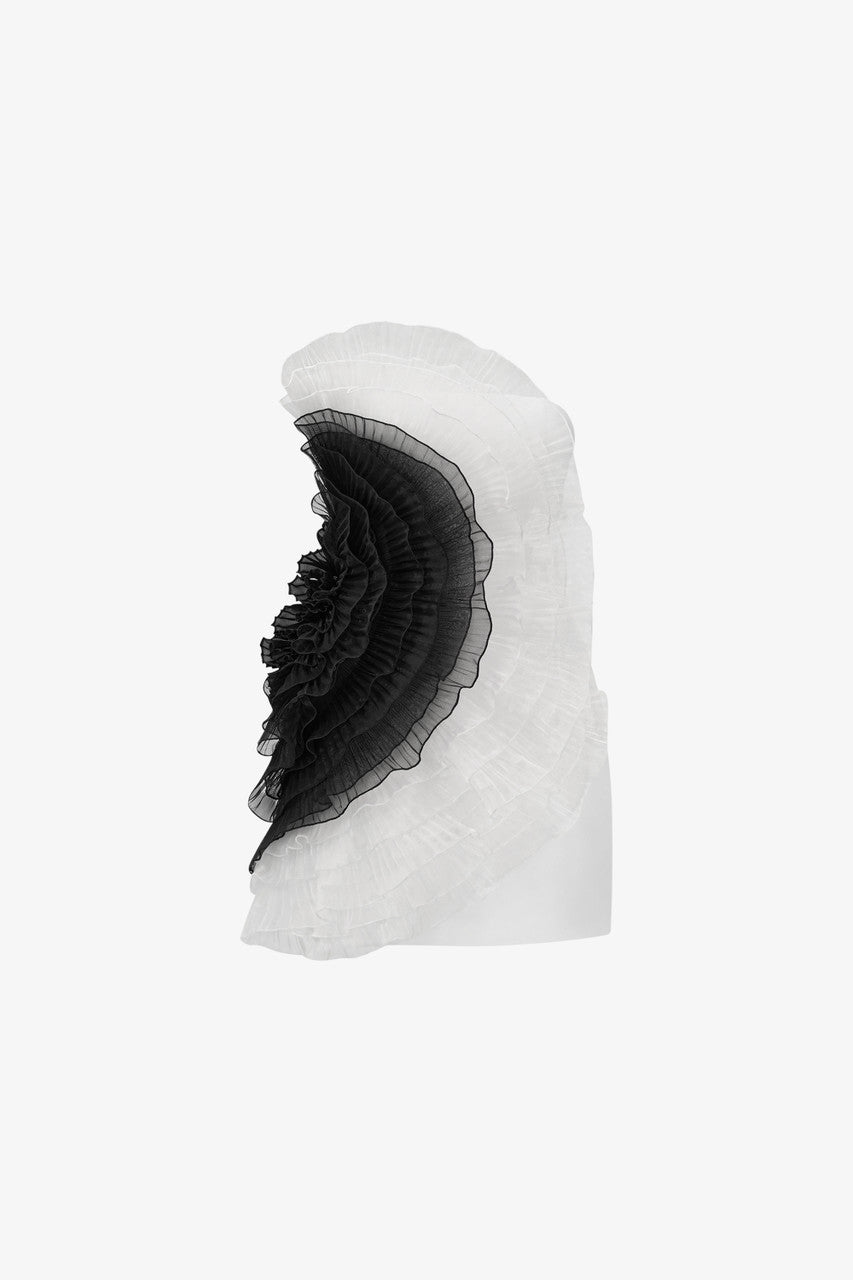The White Ruffle Mini Dress with an asymmetrical one-shoulder design and black organza ruffles.