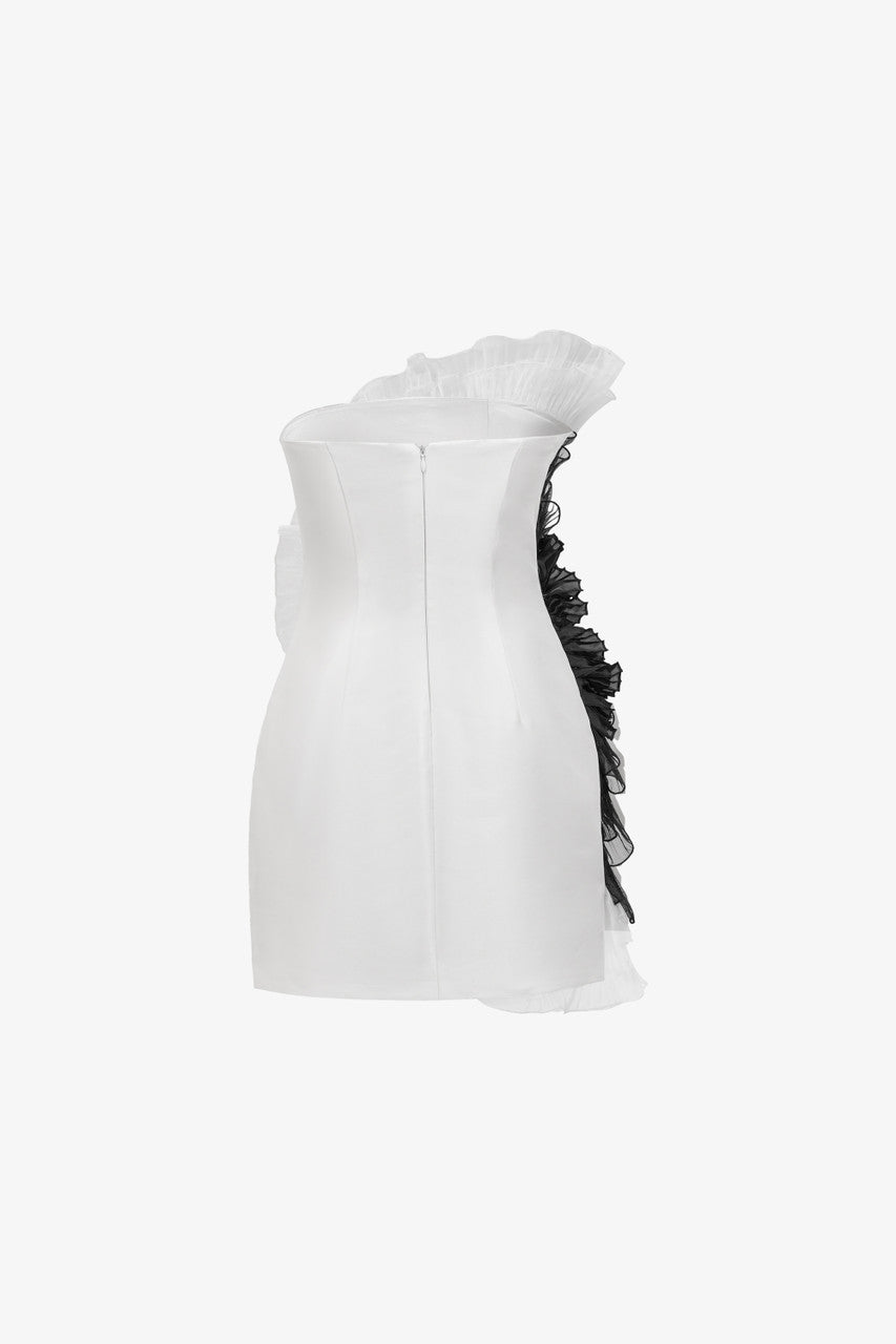 The White Ruffle Mini Dress with an asymmetrical one-shoulder design and black organza ruffles.