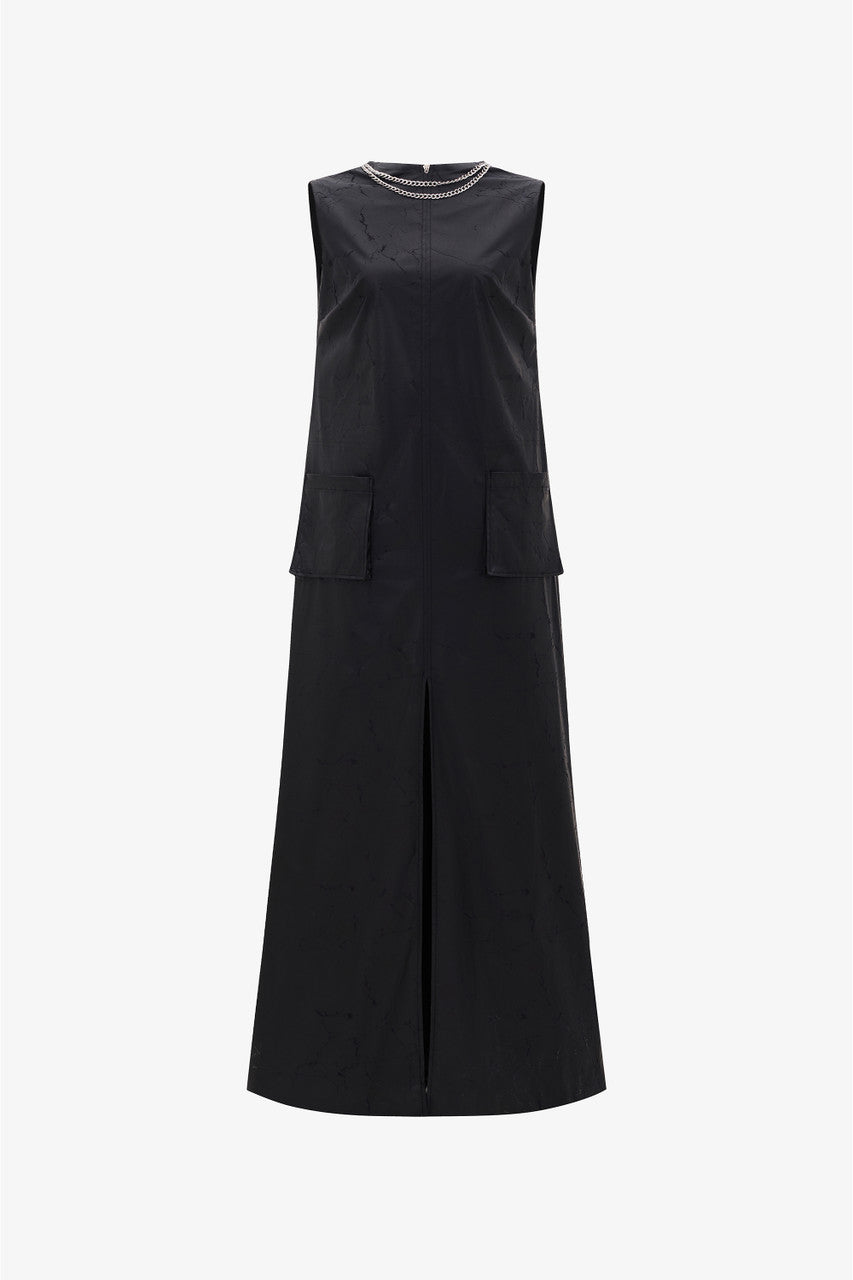 The Black A-Line Maxi Dress features a sleek silhouette with a chic chain-accented neckline.