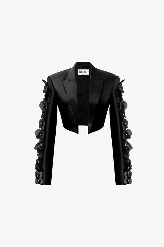 Black structured crop-top blazer in taffeta, embellished orchid.