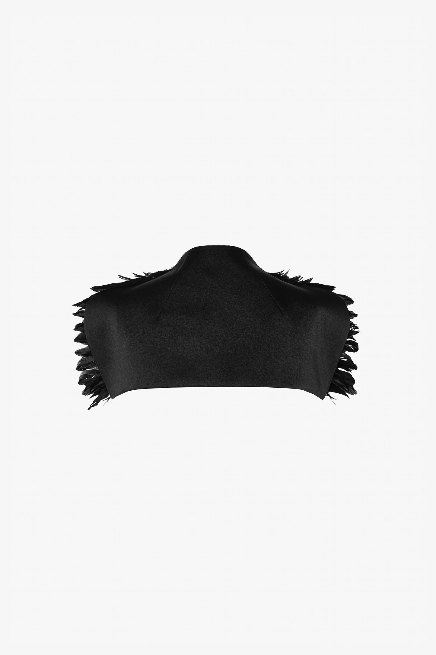 A black feather-adorned cape adds drama and elegance.