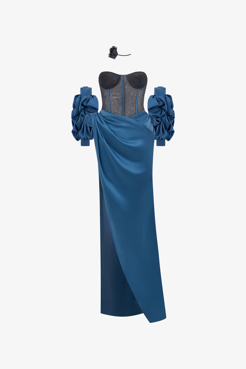 A navy blue silk dress, featuring a structured black mesh corset, detachable puffed sleeves, and a striking high slit.