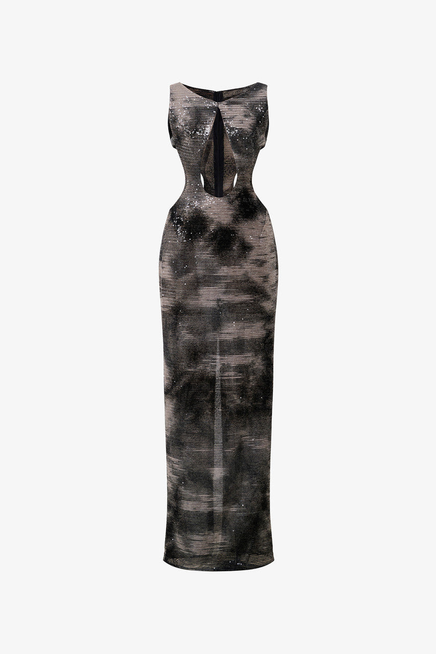 The Black Maxi Dress with shimmering sequins, bold side cut-outs, and a teardrop front detail.