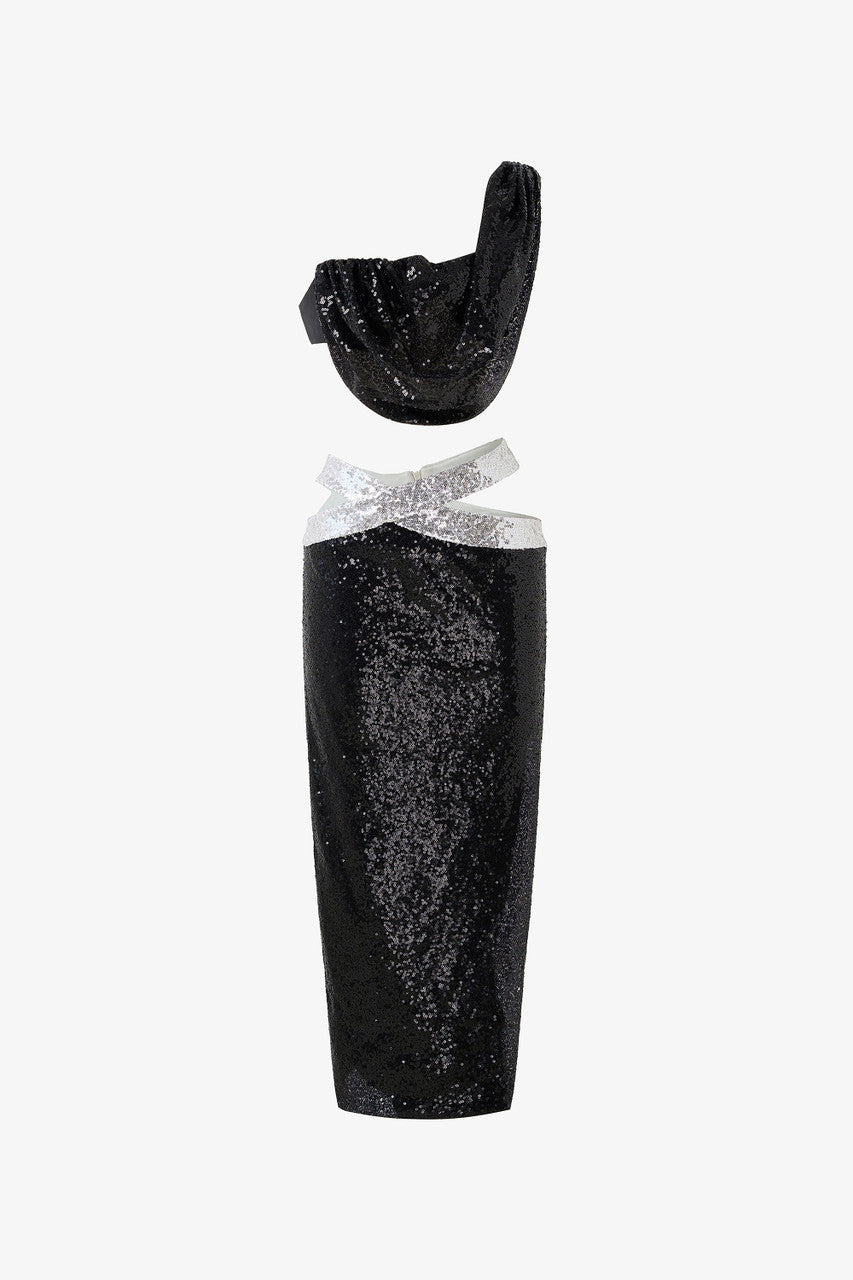 The Black Sequin Gown with an asymmetrical one-shoulder design, waist cut-out, and shimmering silver details.