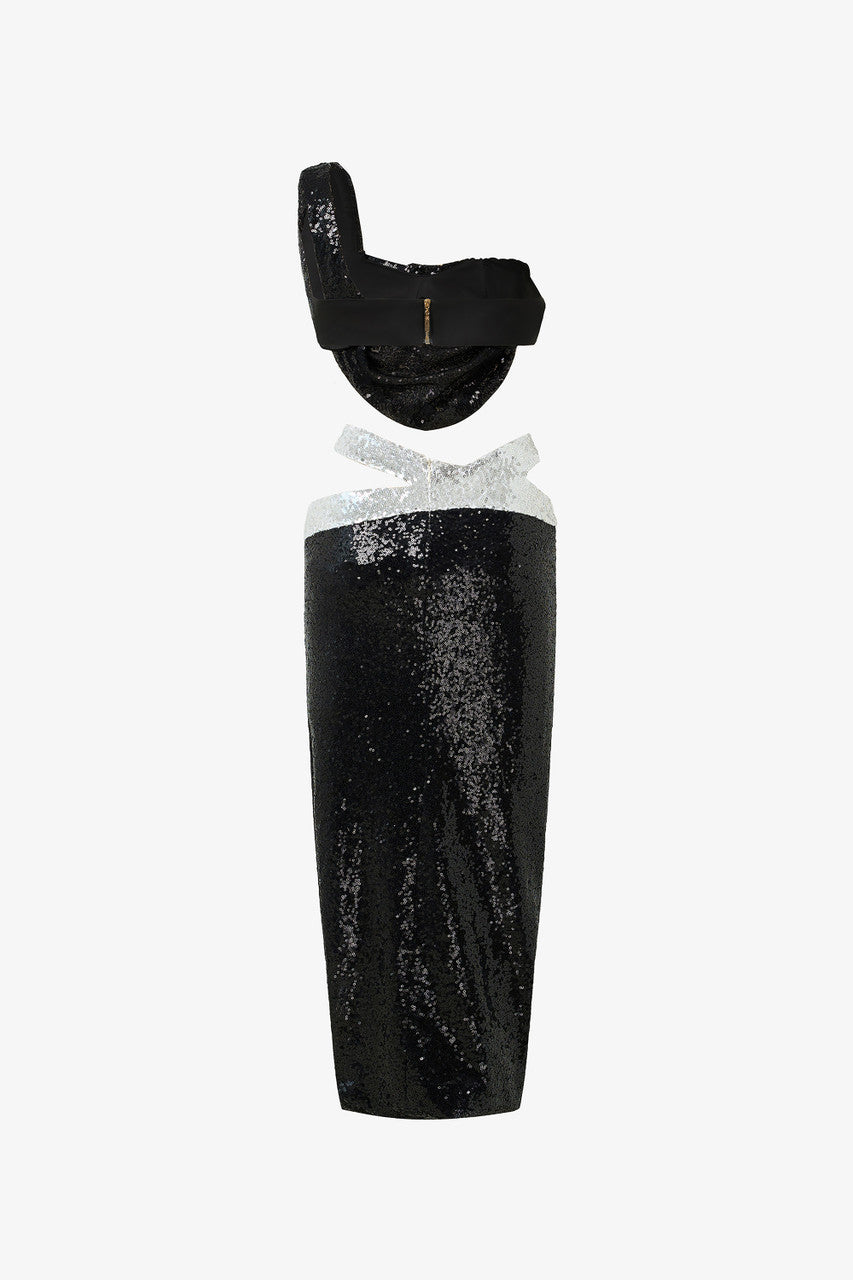The Black Sequin Gown with an asymmetrical one-shoulder design, waist cut-out, and shimmering silver details.