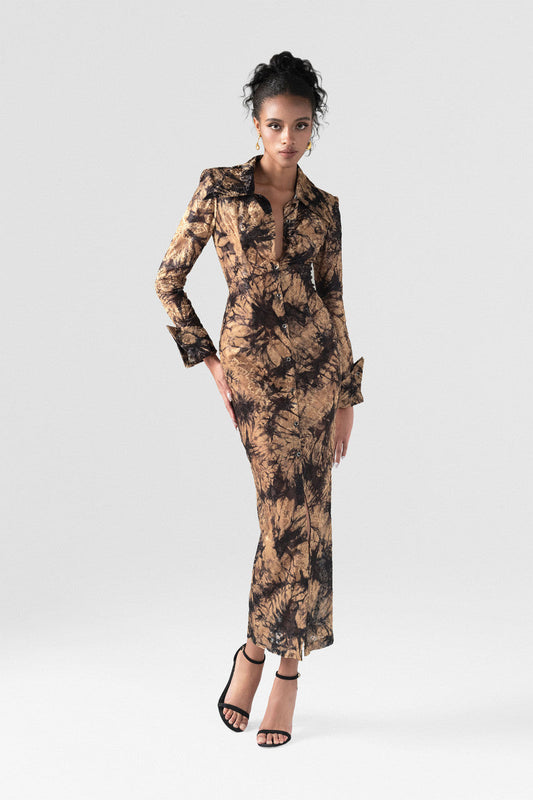 Brown maxi dress in burnout velvet, with a classic shirt collar, long sleeves, and eye-catching textured pattern.