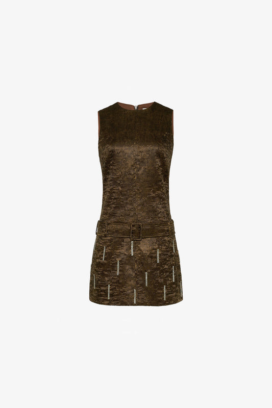 Wrinkled leather mini dress with a waist-cinching belt and stone chain embellishments.