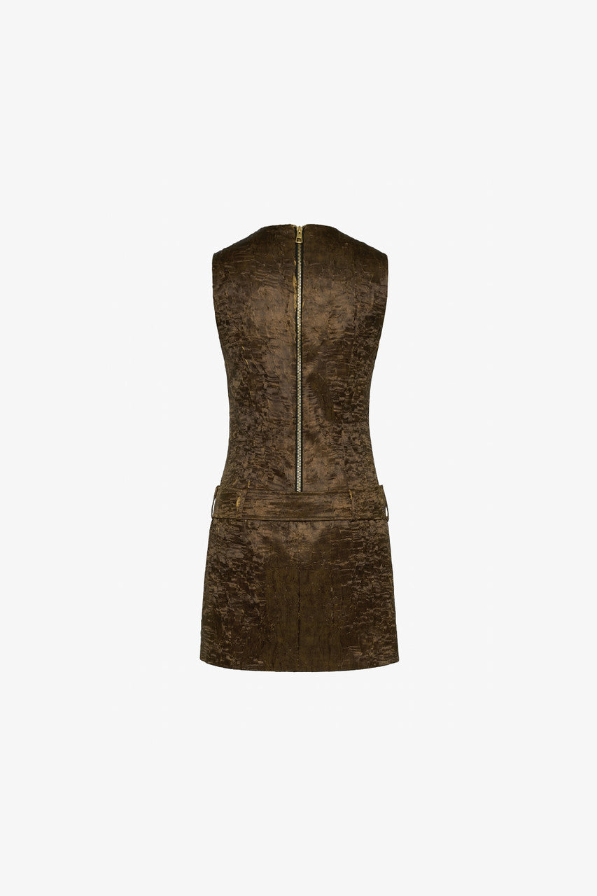 Wrinkled leather mini dress with a waist-cinching belt and stone chain embellishments.