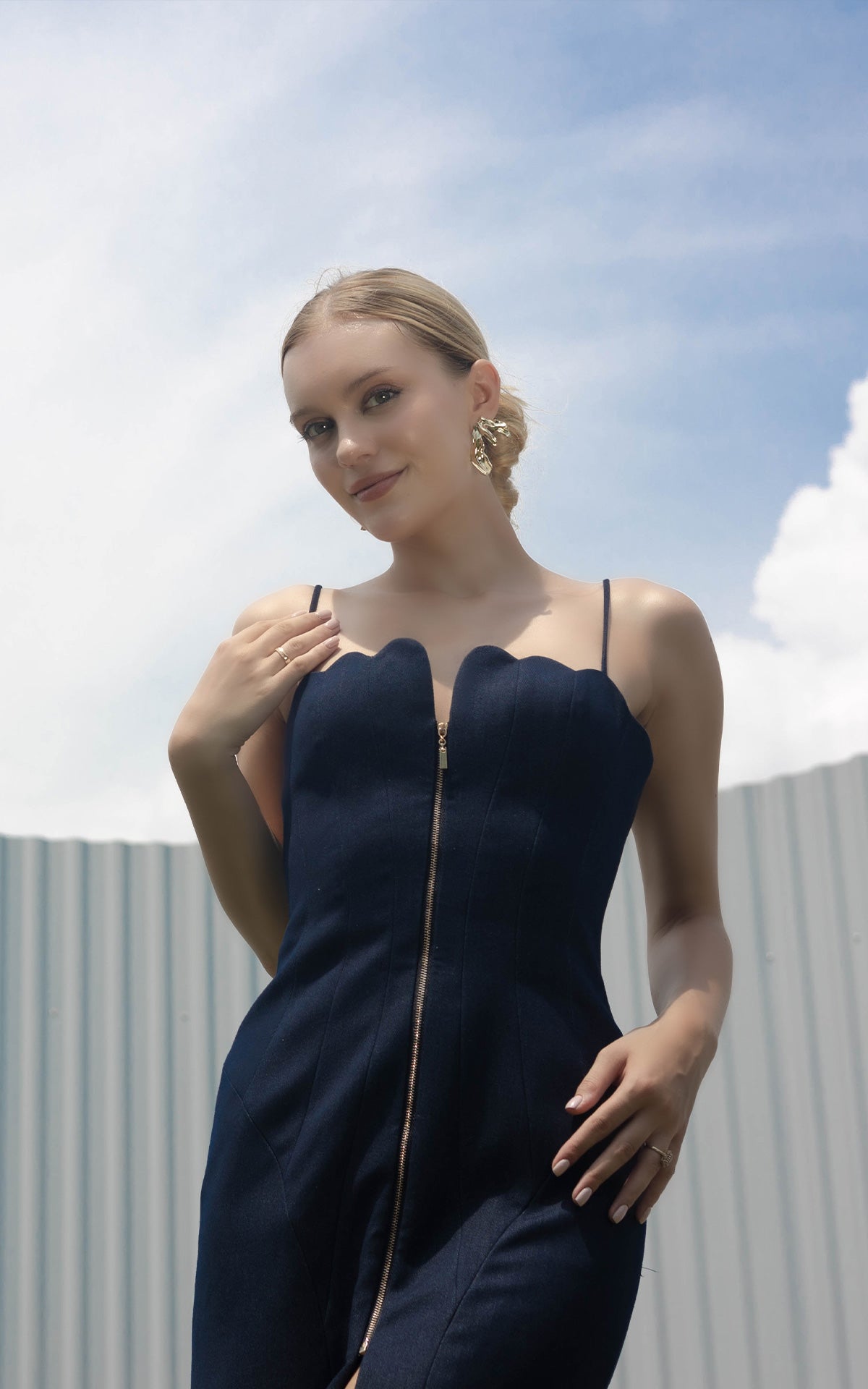 Cool-Girl Twill Denim Maxi Dress With Front Metal Zipper Bow Back