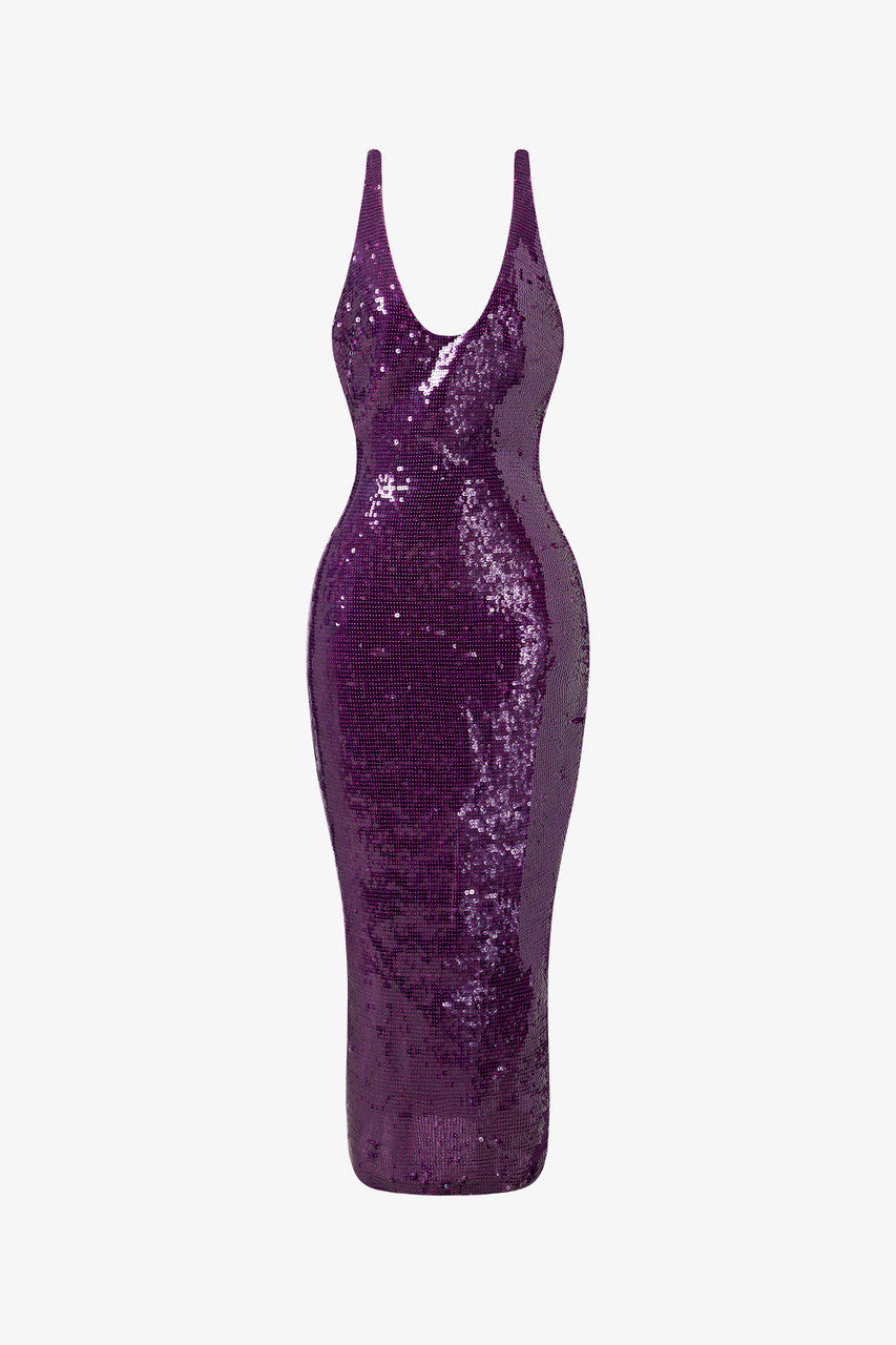 The show-stopping evening dress, crafted from high-shine sequins. Scoop neckline and open back detail.