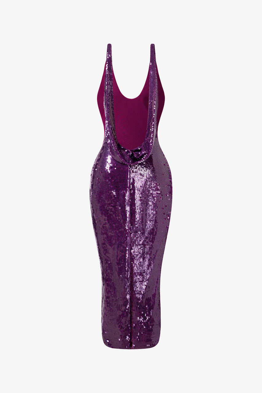 The show-stopping evening dress, crafted from high-shine sequins. Scoop neckline and open back detail.