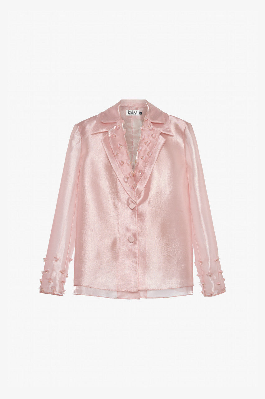 Pink organza blazer and mini dress set with sequin and stone details.