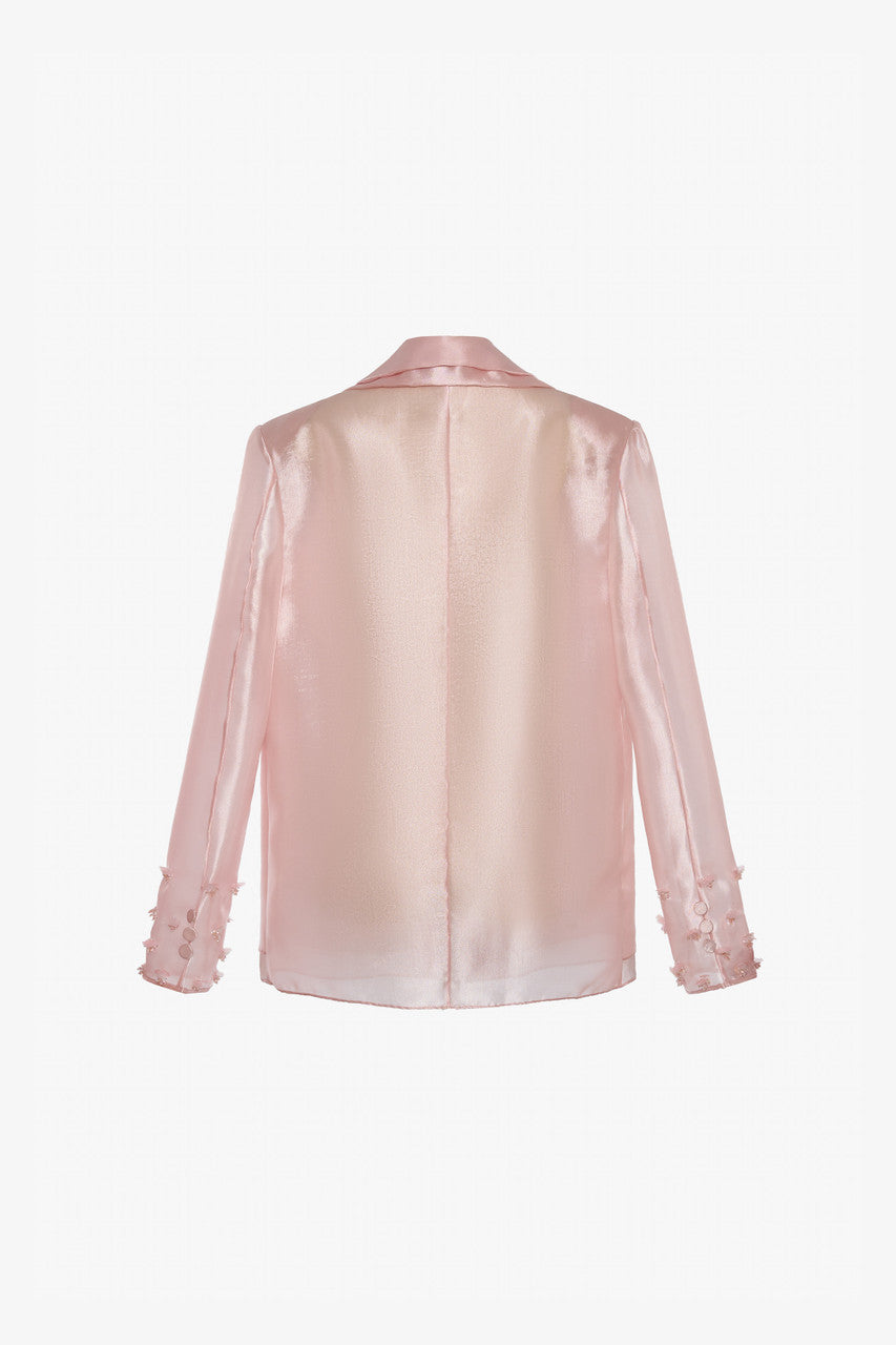 Pink organza blazer and mini dress set with sequin and stone details.