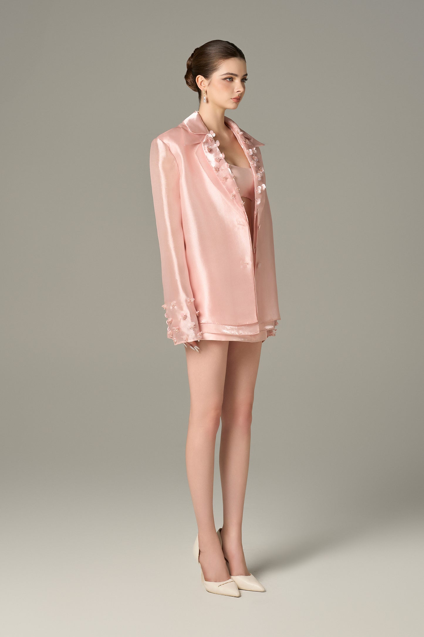 Pink organza blazer and mini dress set with sequin and stone details.