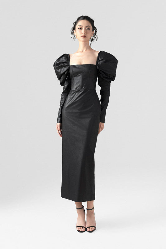 Black leather maxi dress with a square neckline and puffed long sleeves.