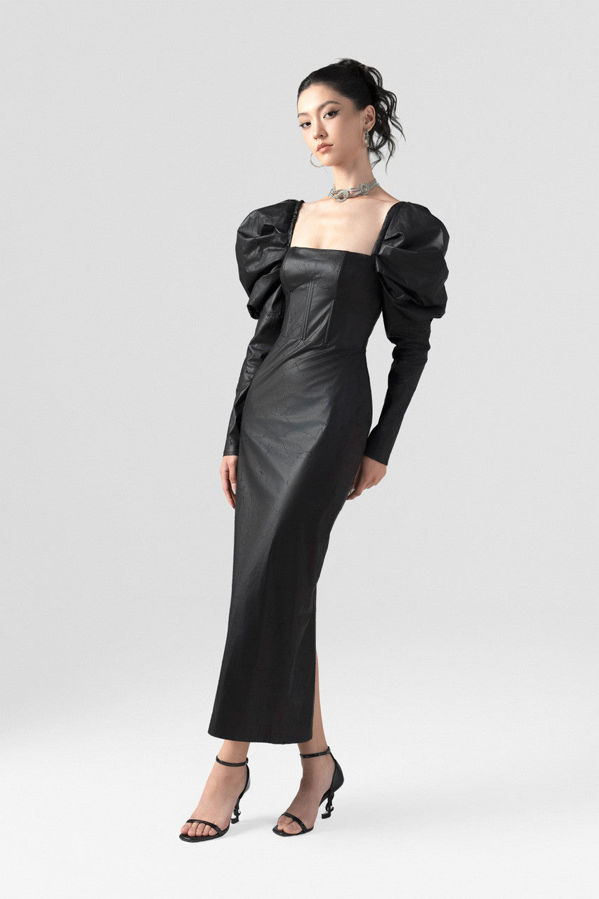 Black leather maxi dress with a square neckline and puffed long sleeves.