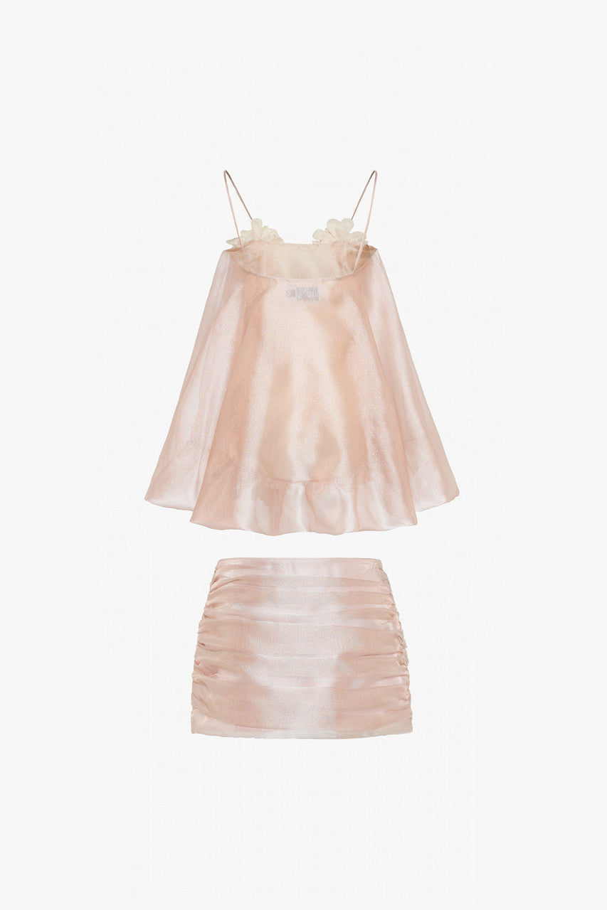 Chiffon top and luxurious taffeta mini skirt. Soft pink hue, cream floral details and ruffled glitter silk.
