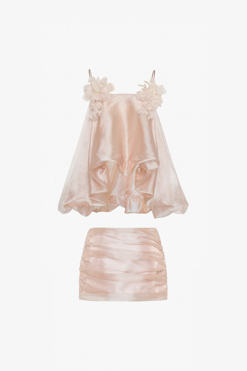 Chiffon top and luxurious taffeta mini skirt. Soft pink hue, cream floral details and ruffled glitter silk.