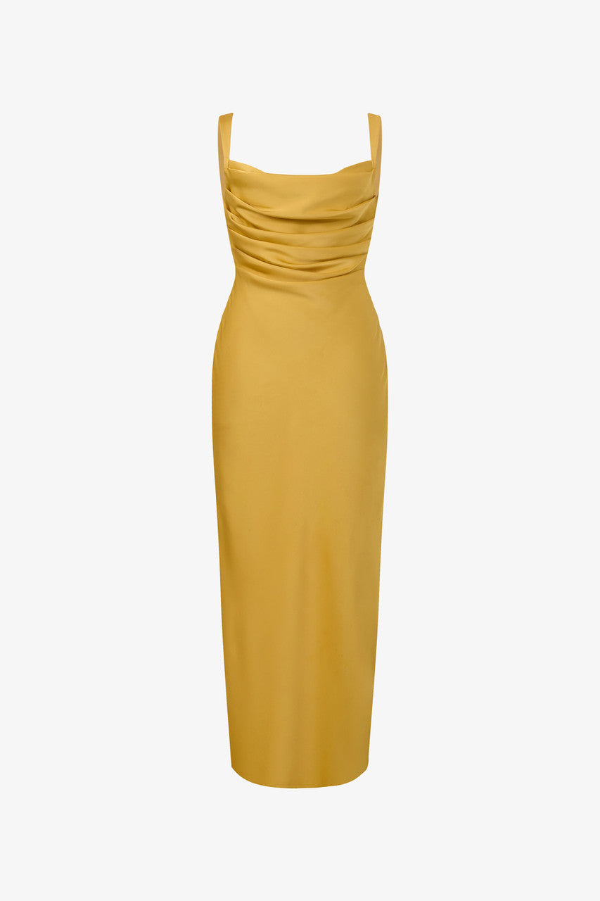 The gold yellow maxi dress, featured cowl neckline with pleats, a side slit and back cutouts.