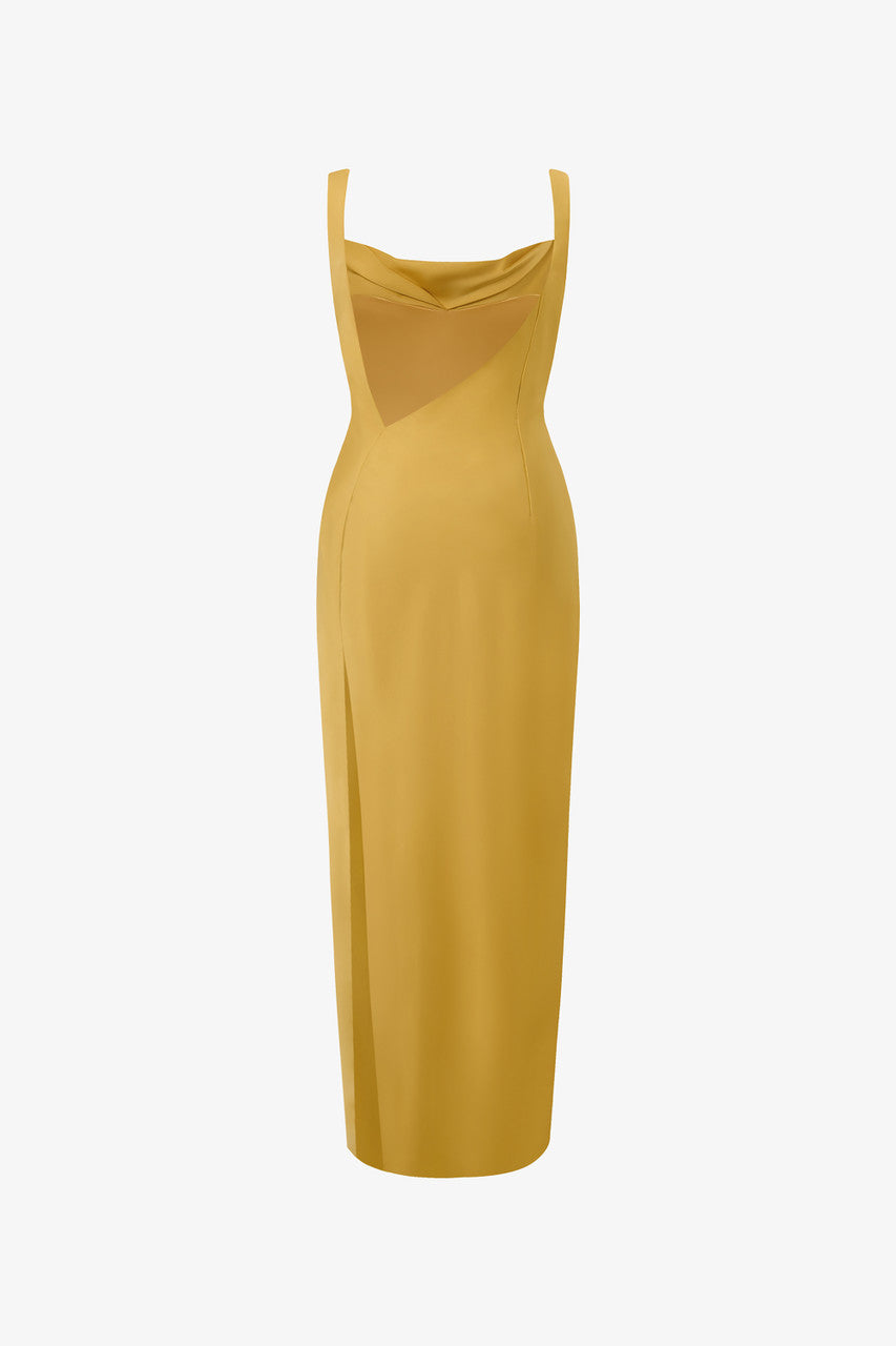 The gold yellow maxi dress, featured cowl neckline with pleats, a side slit and back cutouts.