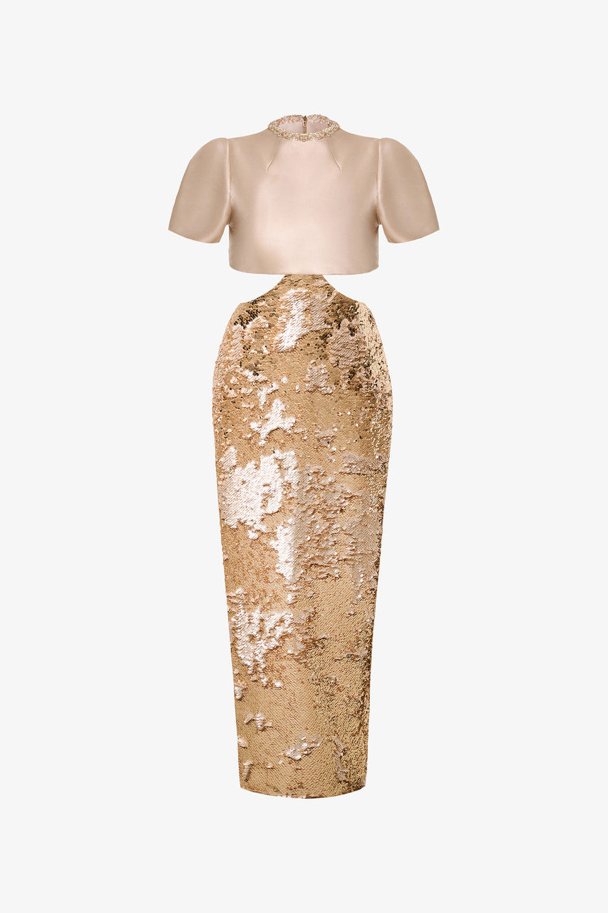 Gold Silk Crop Top and Midi Skirt Set, the satin-finish silk crop top, the gold sequin midi skirt with a waist cut-out.