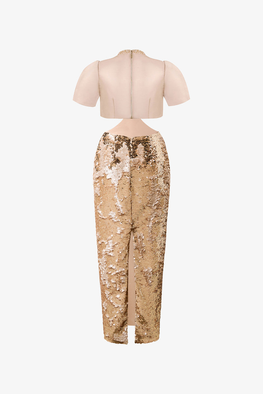 Gold Silk Crop Top and Midi Skirt Set, the satin-finish silk crop top, the gold sequin midi skirt with a waist cut-out.