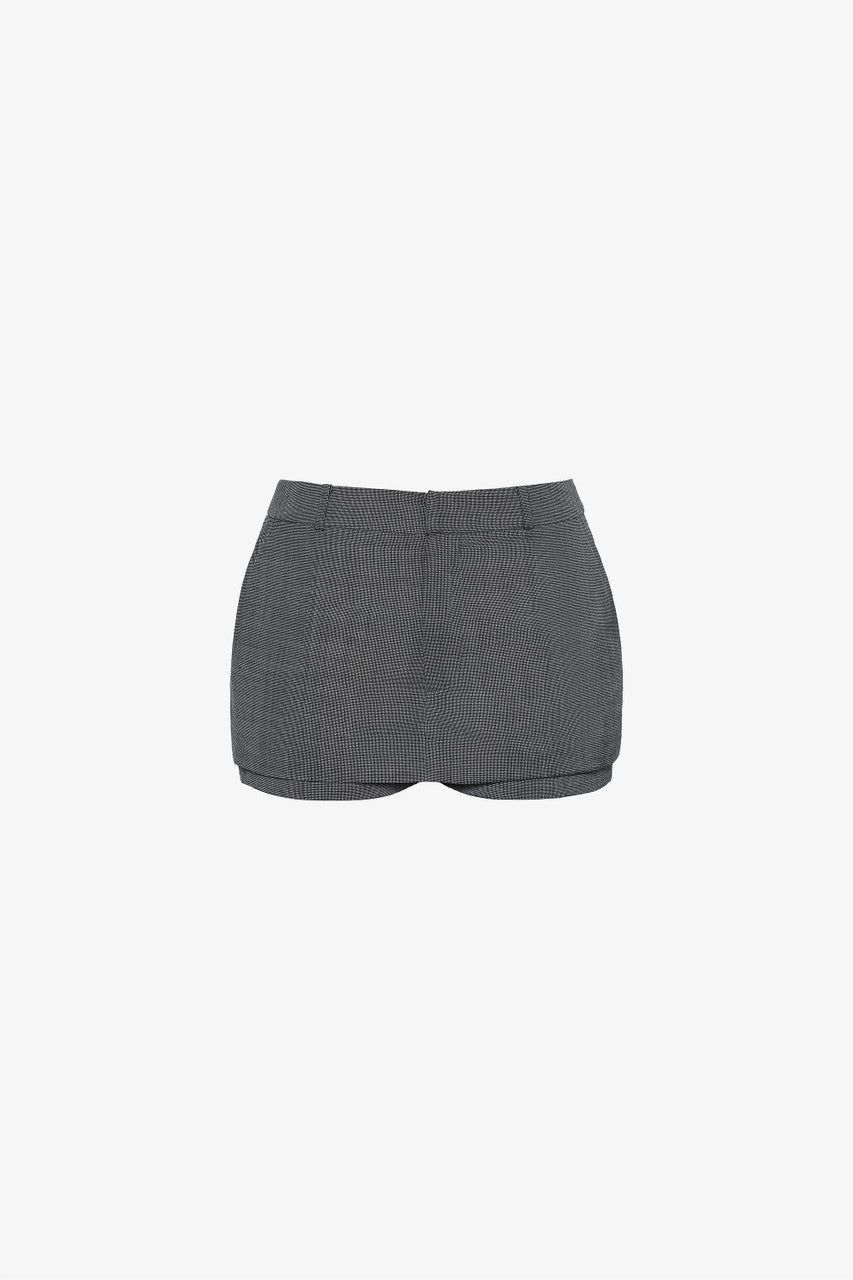 A grey blazer and skirt-pants set in tweed, with celestial embroidery and back slit.