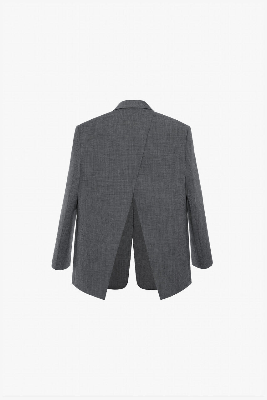 A grey blazer and skirt-pants set in tweed, with celestial embroidery and back slit.