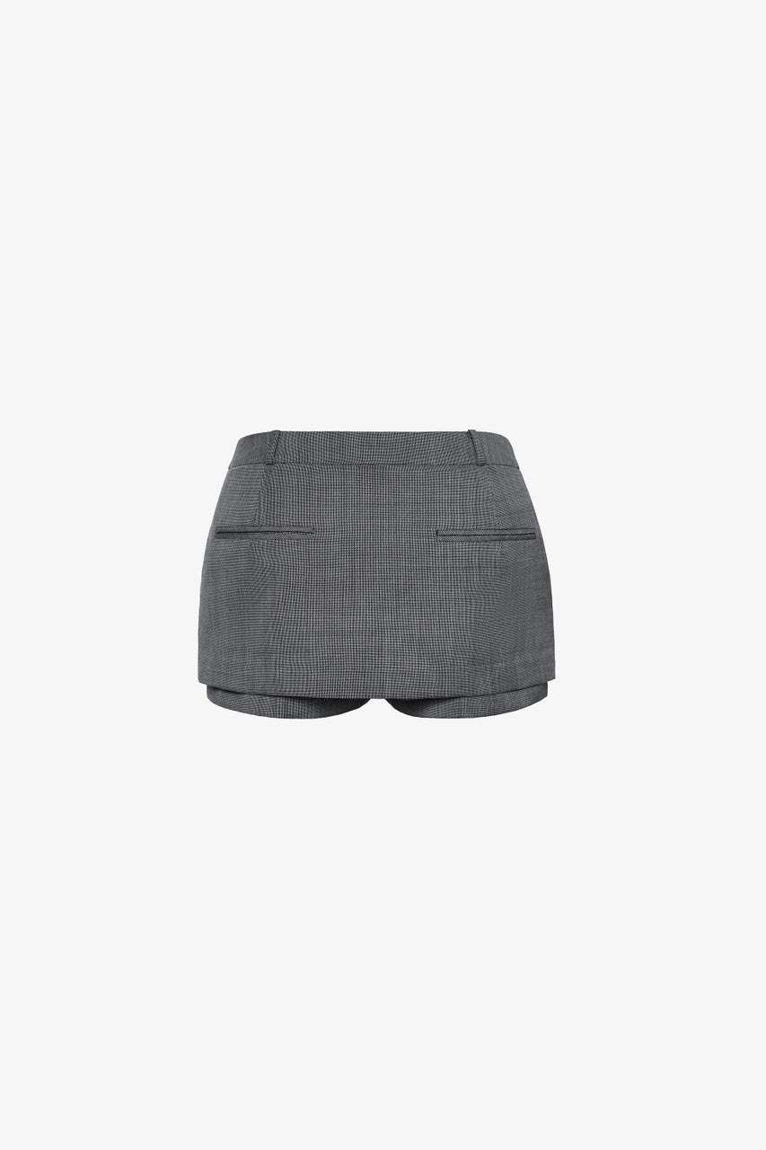 A grey blazer and skirt-pants set in tweed, with celestial embroidery and back slit.