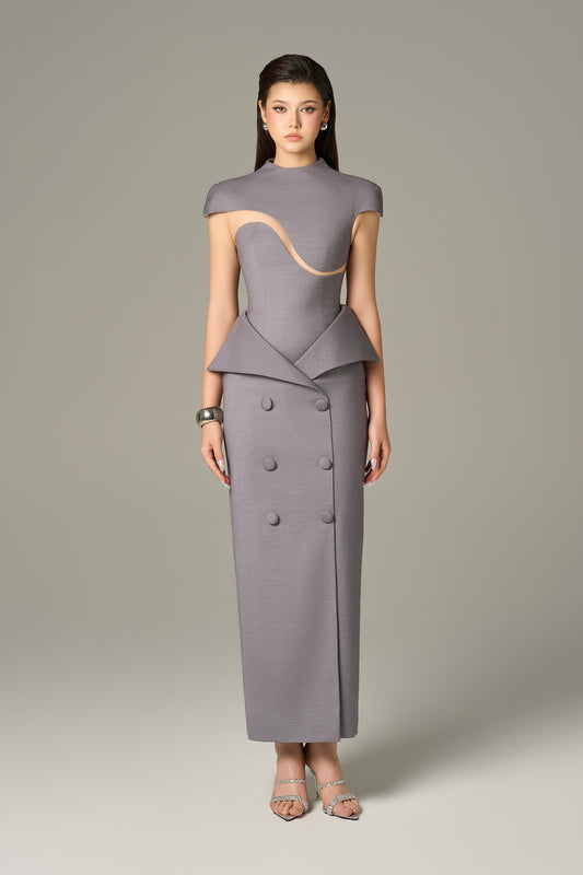 The Grey Short Sleeve Cut Maxi Dress features wave-inspired cuts and a tailored waistband.