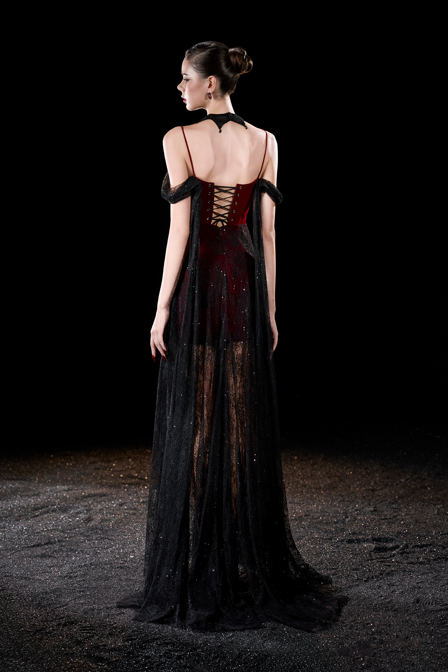 Whisper Gothic Romance Velvet Cold-shoulder Lace Overlay Maxi Dress