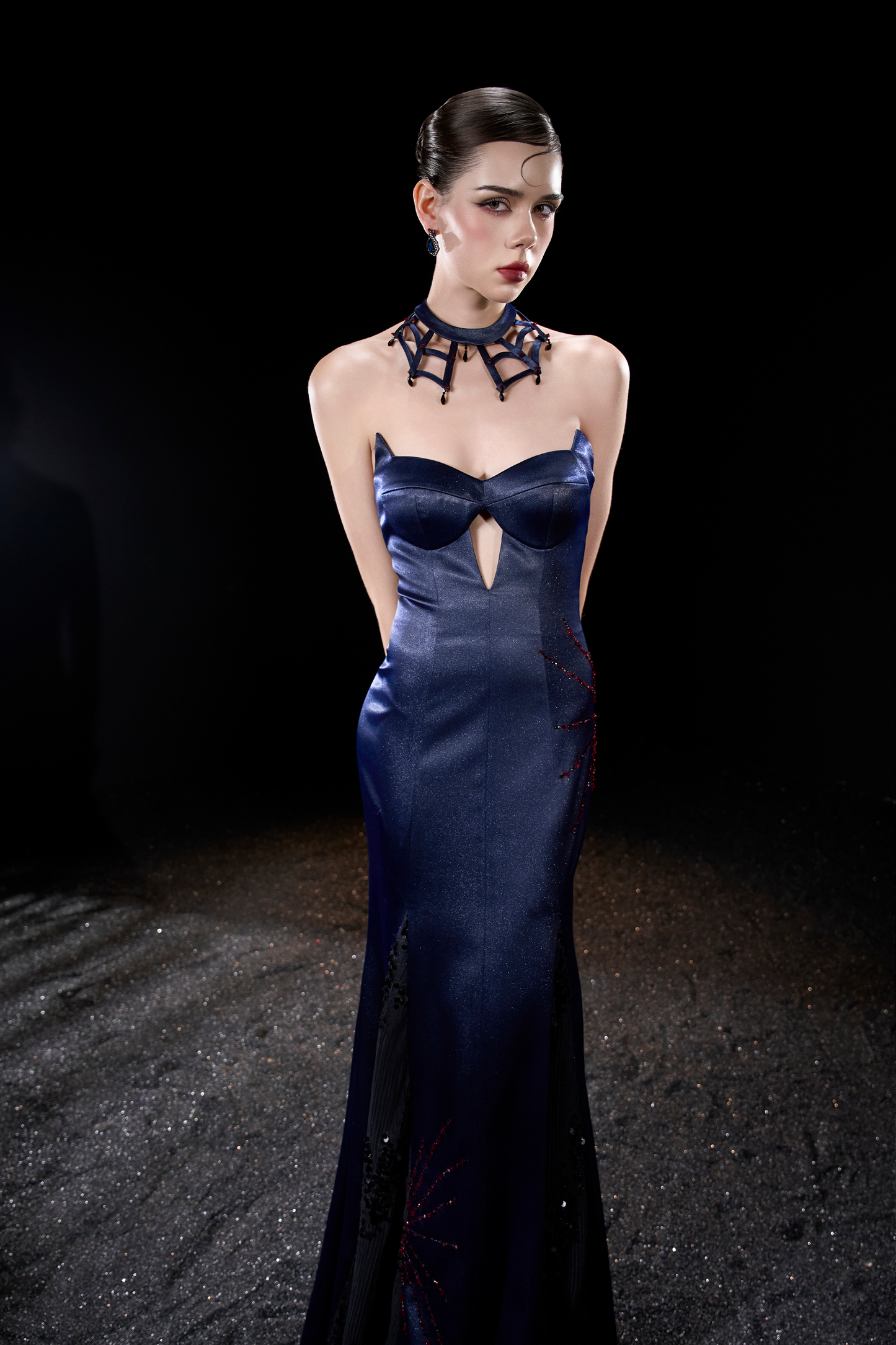 Haunted Silk Strapless Corset Maxi Dress With Black Spiderweb Veil