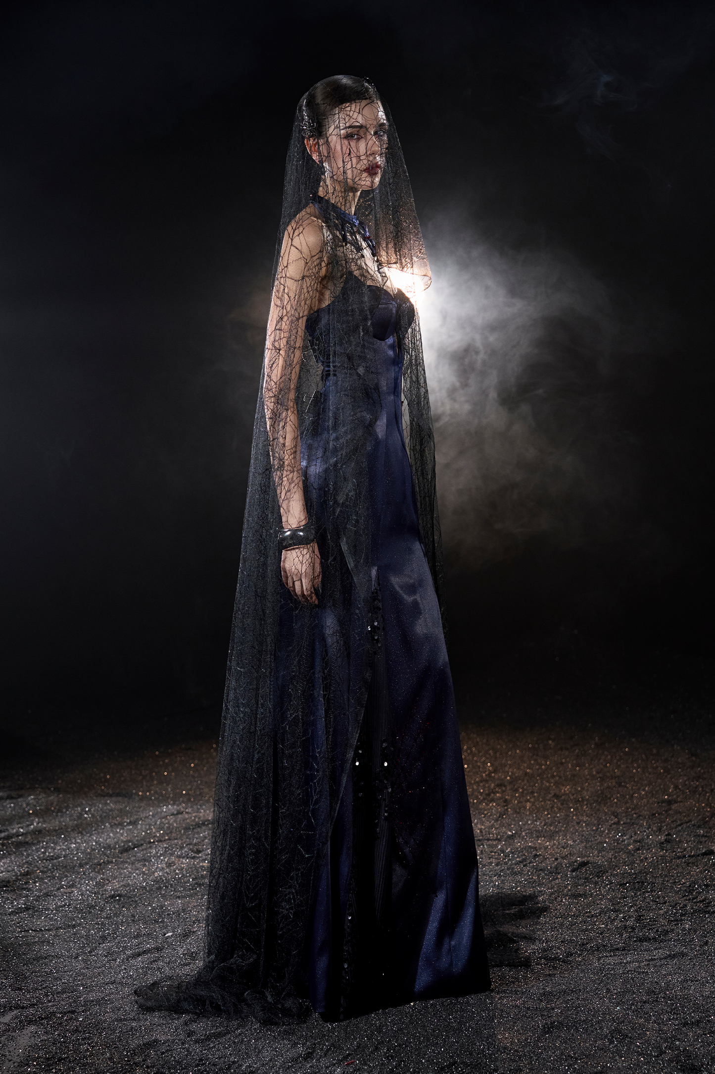 Haunted Silk Strapless Corset Maxi Dress With Black Spiderweb Veil