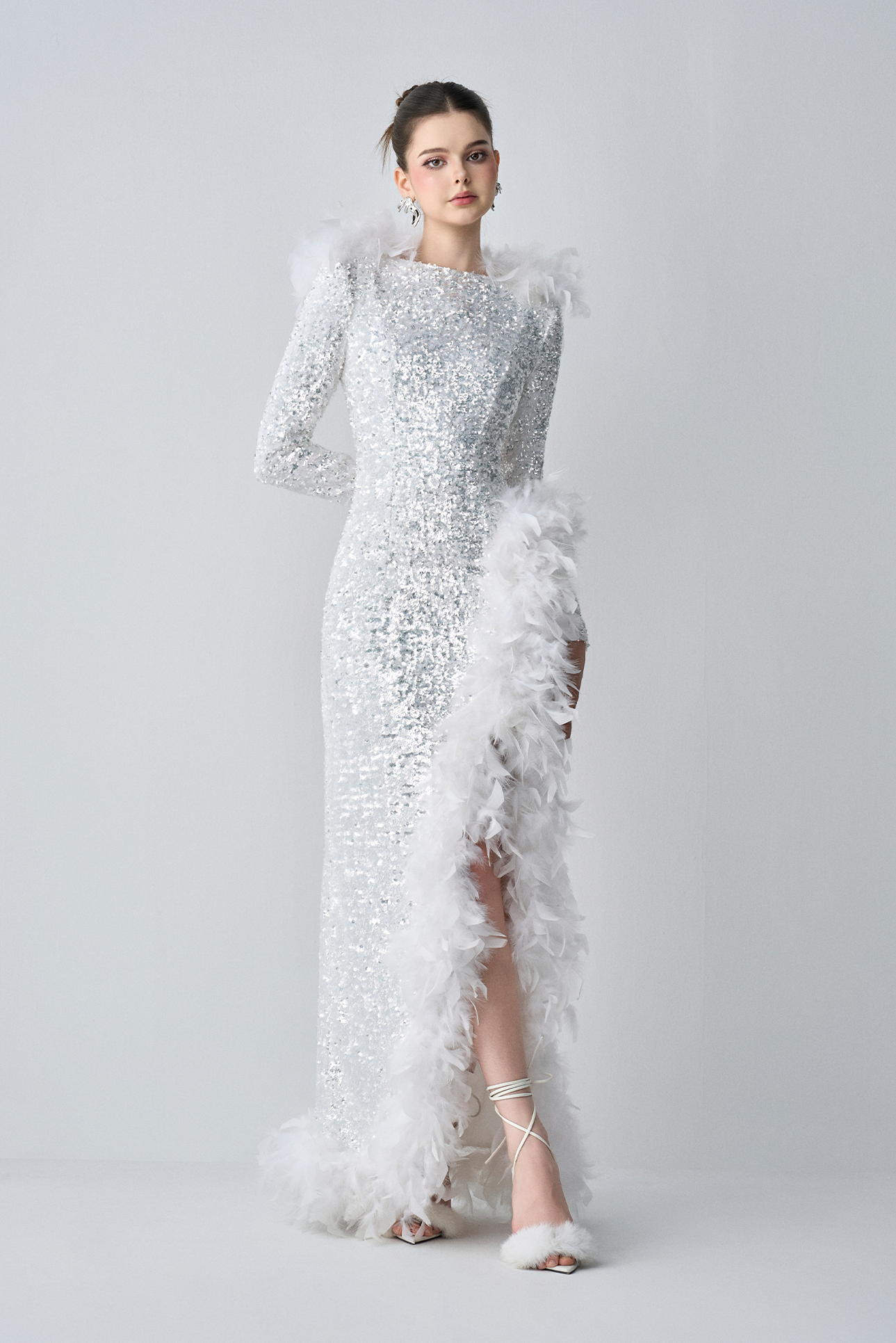 Lorelei Glamorous Evening Long Sleeves With Feather Thigh Split Maxi Dress