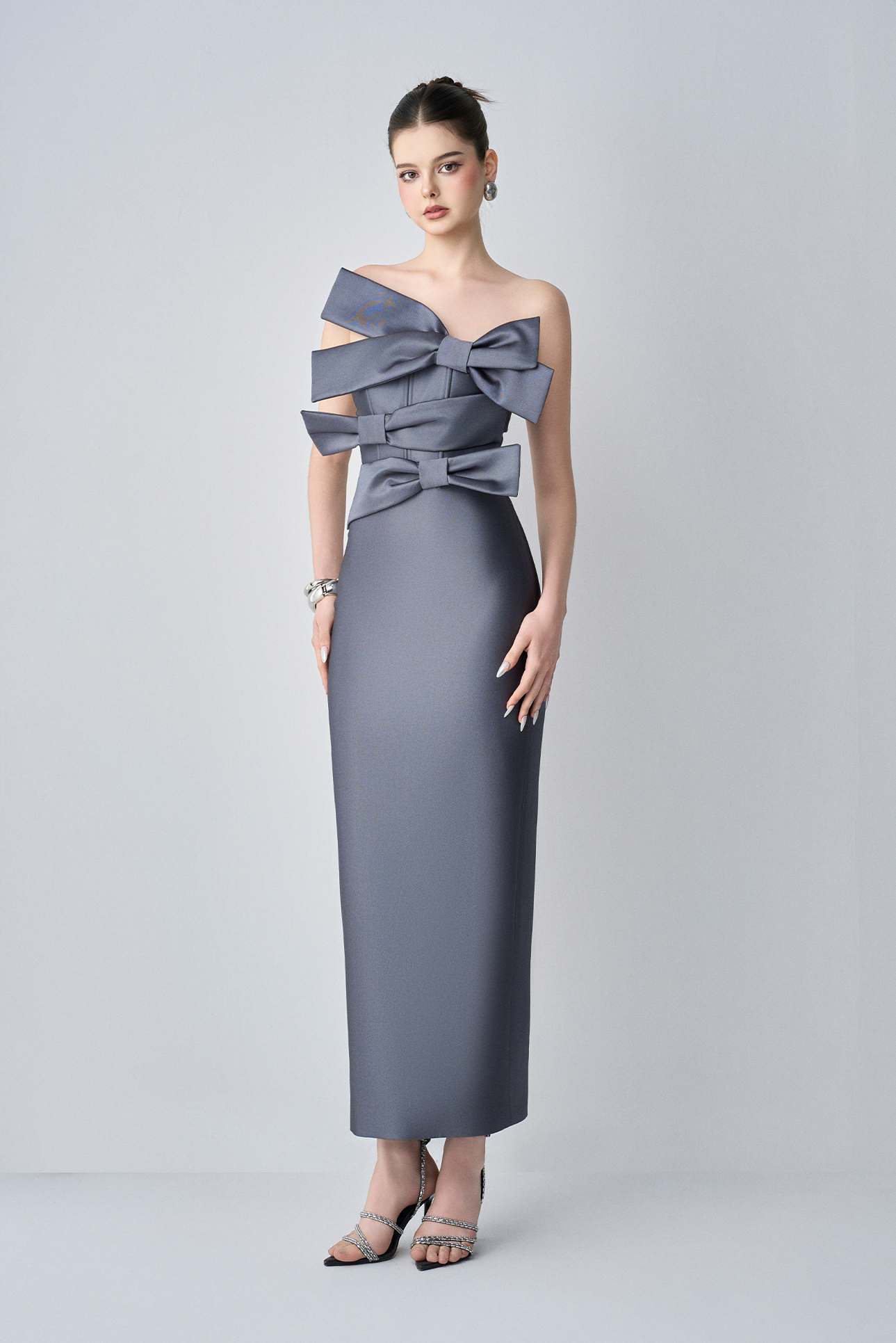 Cindra Couture Bandeau 3D Bows Maxi Dress