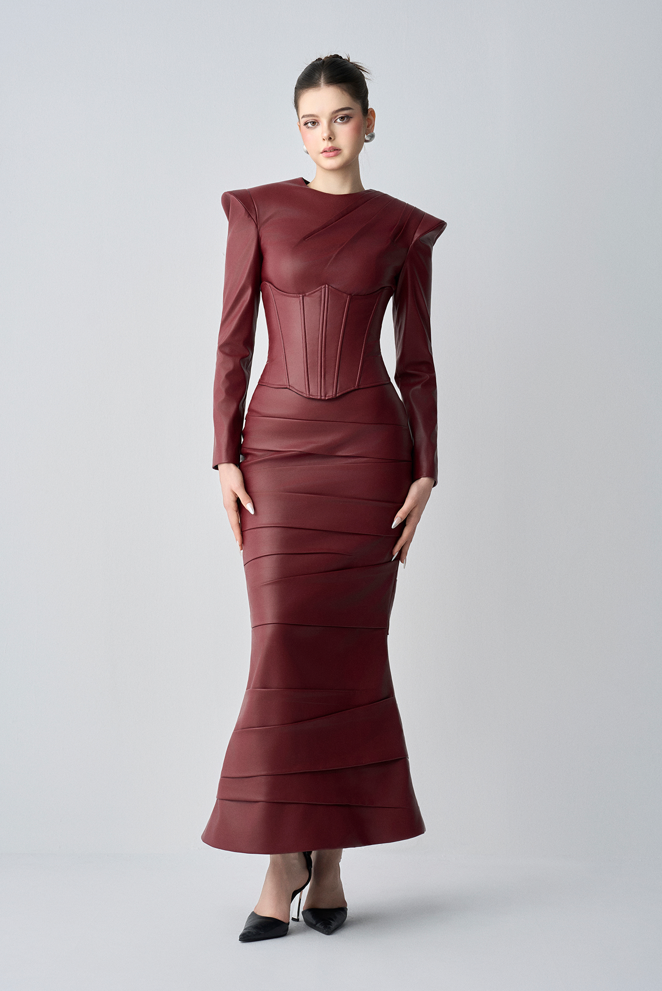 Noiré Long Sleeves, Corset And Maxi Dress Set In Leather