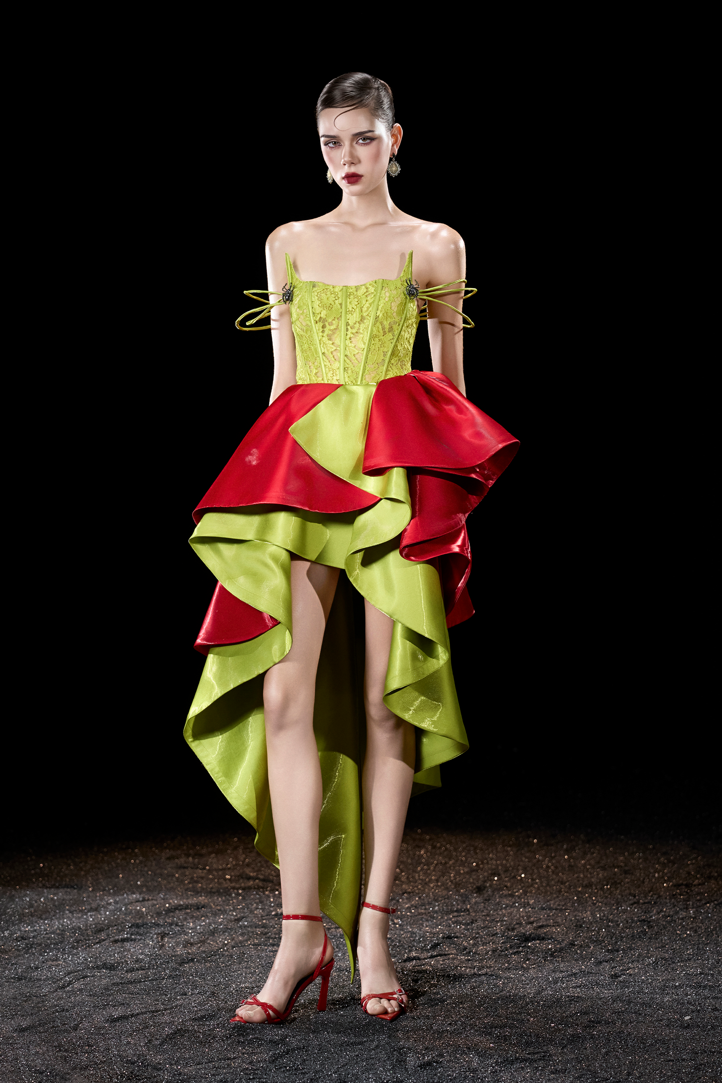 Pixie Candy Silk Mixed Green & Red High-Low Ruffled Cocktail Dress