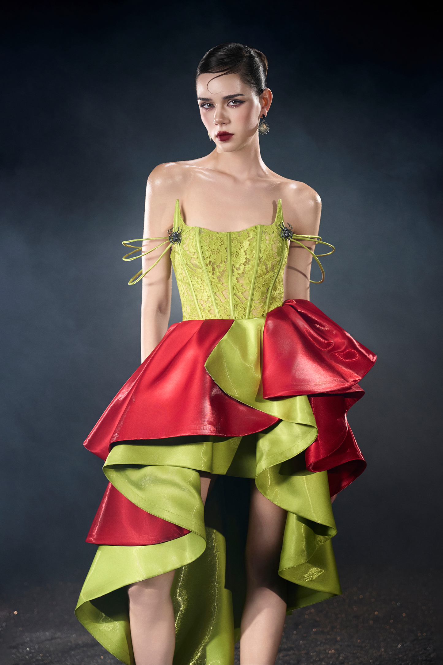 Pixie Candy Silk Mixed Green & Red High-Low Ruffled Cocktail Dress
