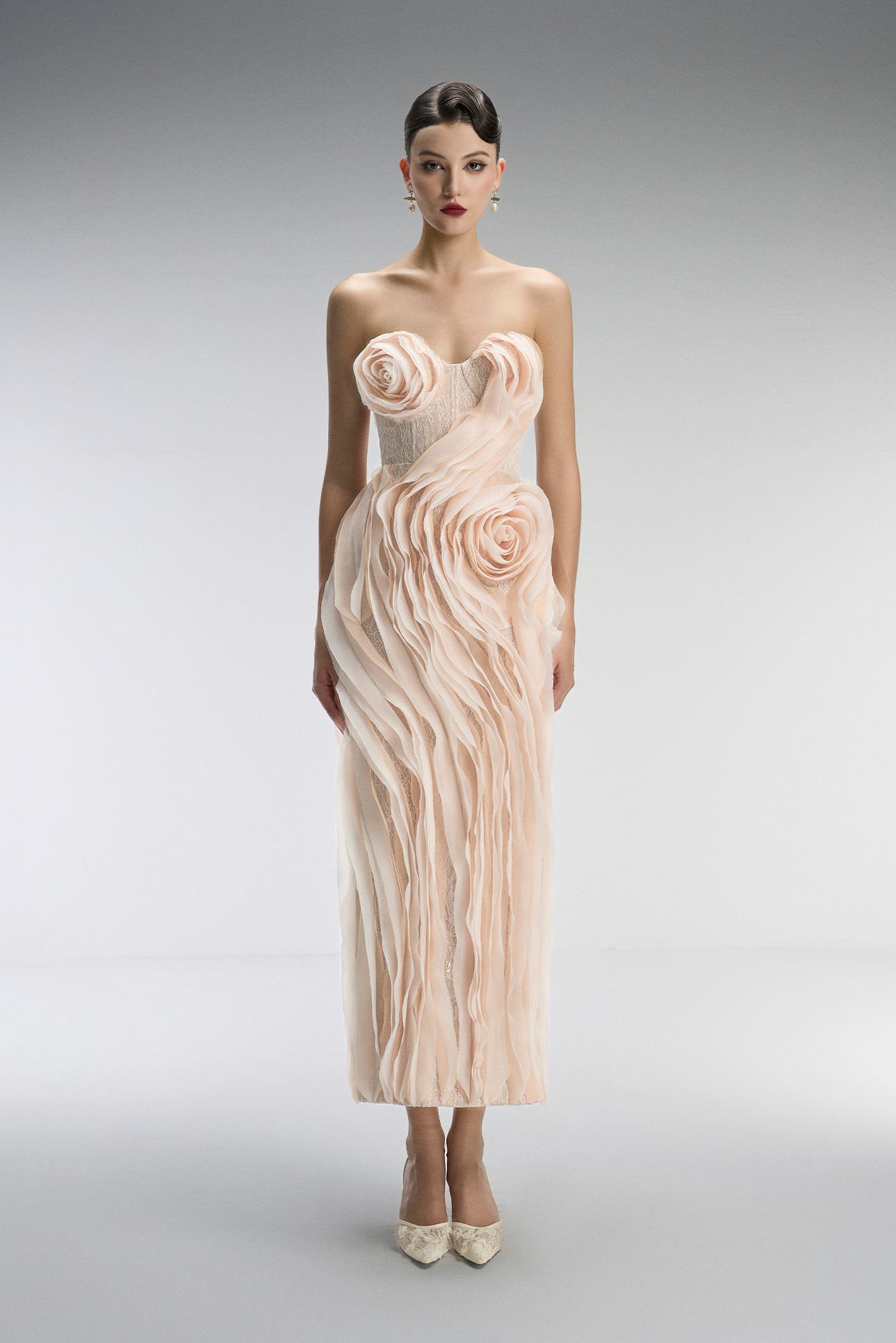 Ember Couture Dual Style Bandeau Layered 3D Roses Maxi Dress With Veil