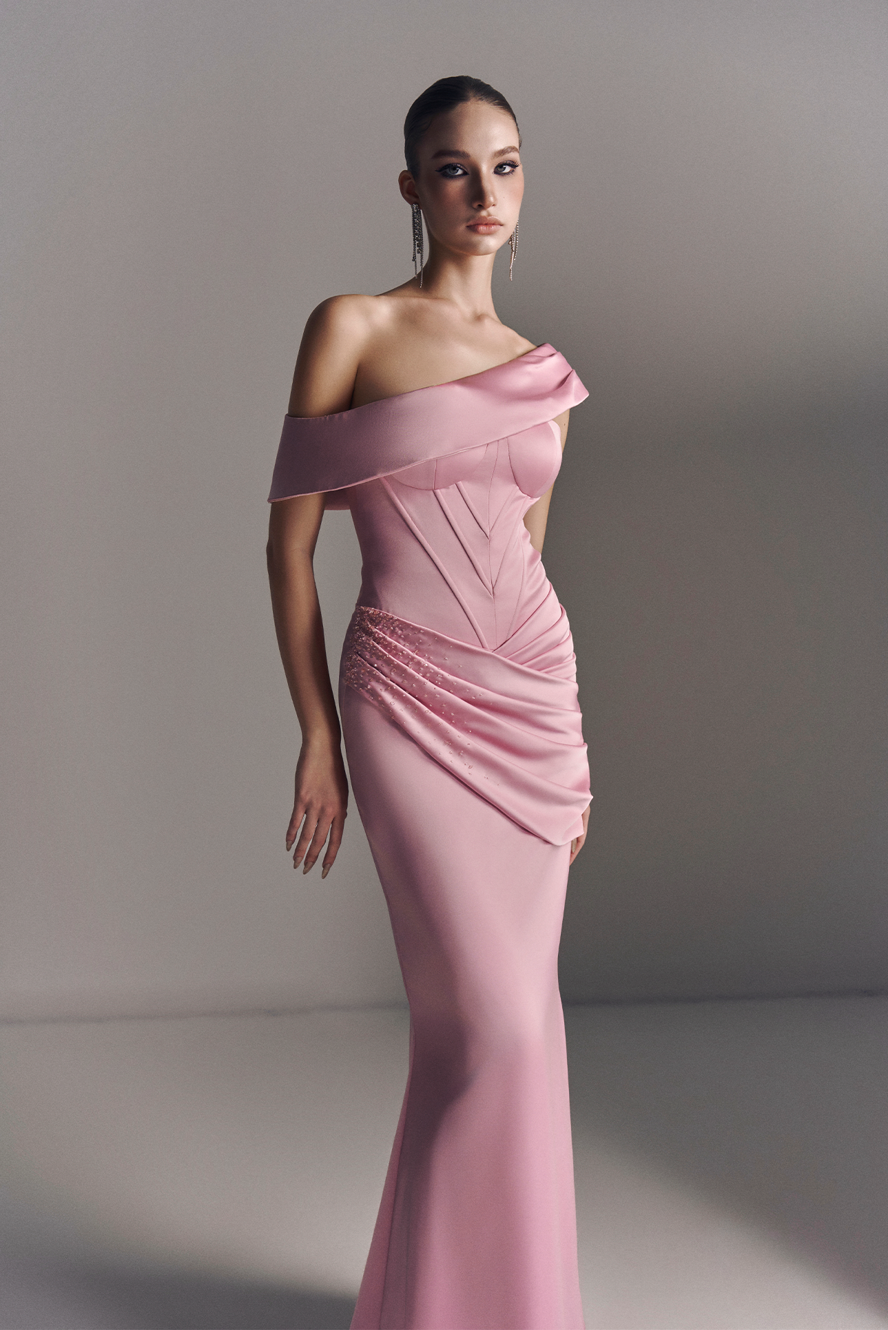 Mira Asymmetric Off Shoulder Draped Maxi Dress