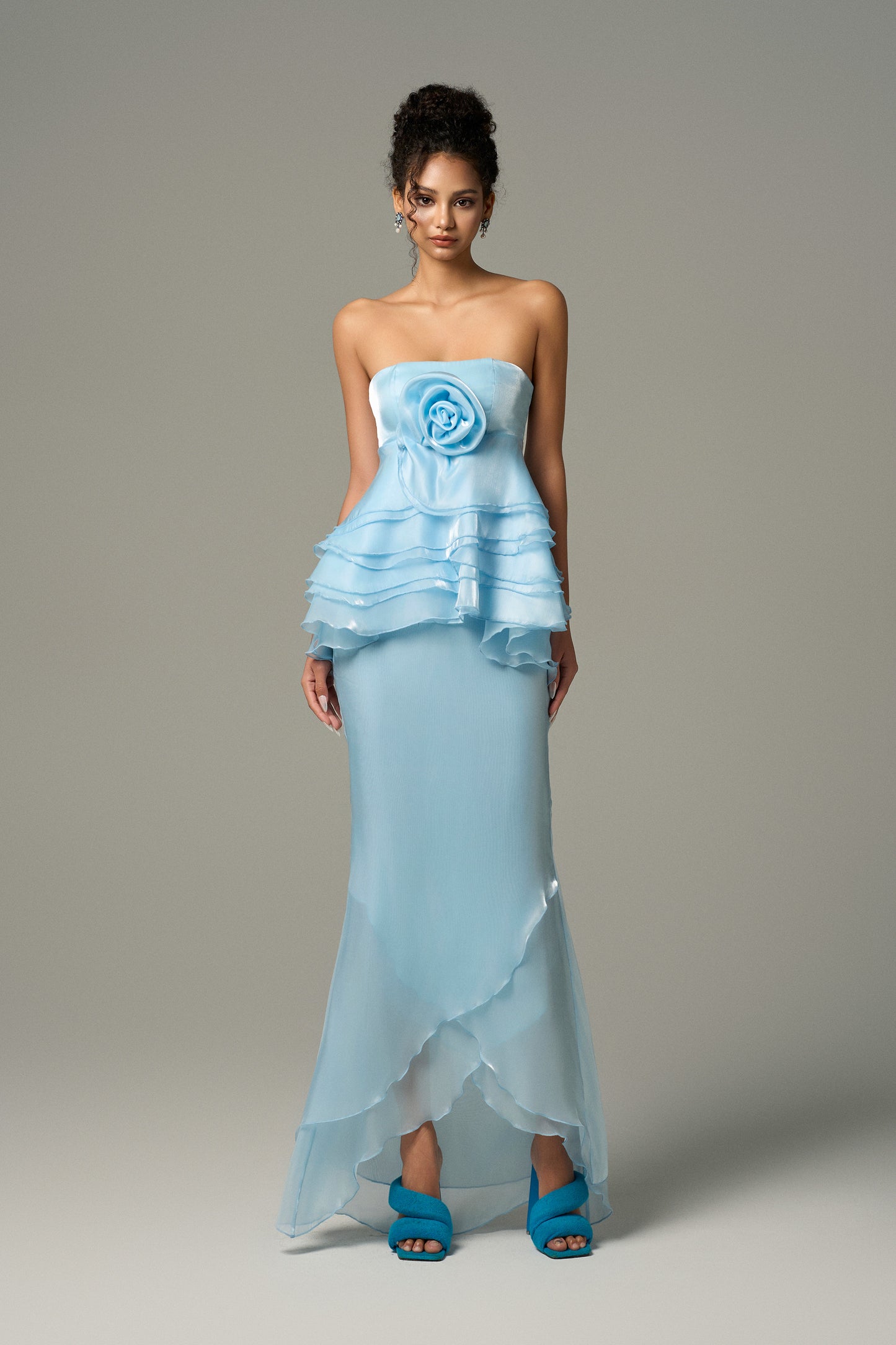 Light Blue Two-Piece Silk Maxi Dress features layers and floral sculpting.