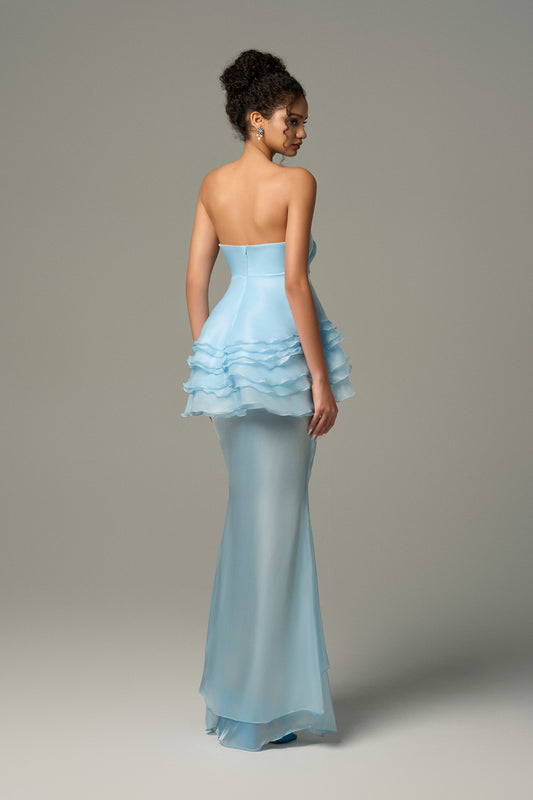 Light Blue Two-Piece Silk Maxi Dress features layers and floral sculpting.