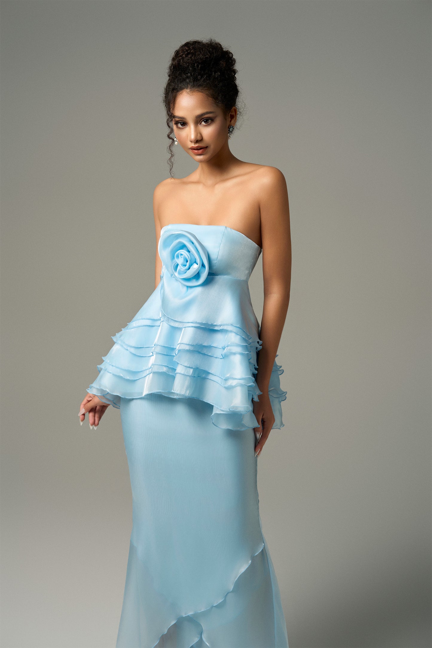 Light Blue Two-Piece Silk Maxi Dress features layers and floral sculpting.