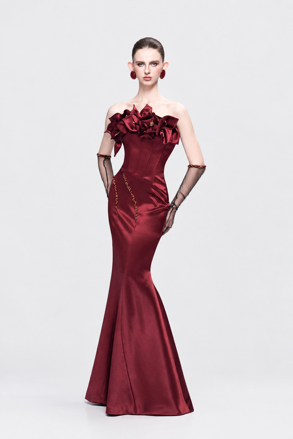 Kalisa Merlot Bandeau 3D Floral Maxi Dress With Gloves — product image 6