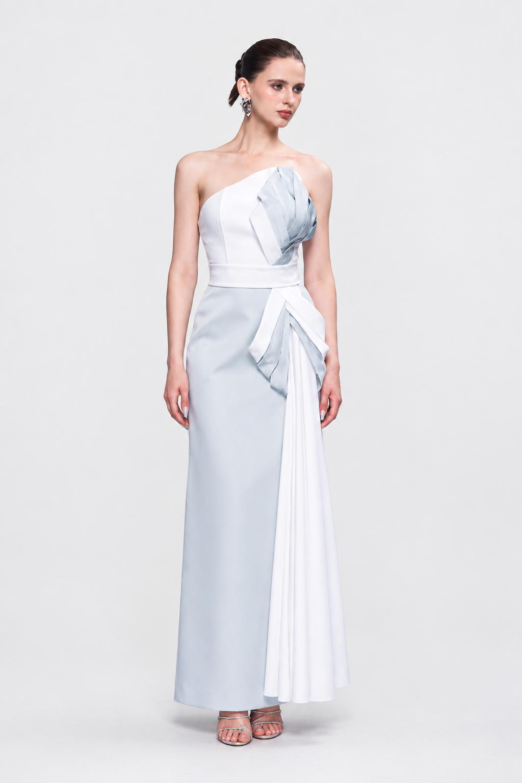 Nadia Asymmetrical Neckline Draped Maxi Dress With Side Train