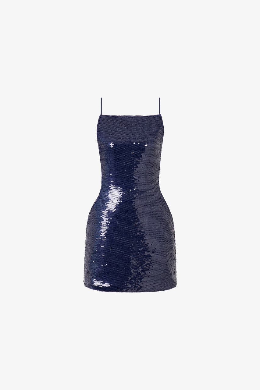 A navy blue sequins mini dress, adorned with and daring lace-up back design.